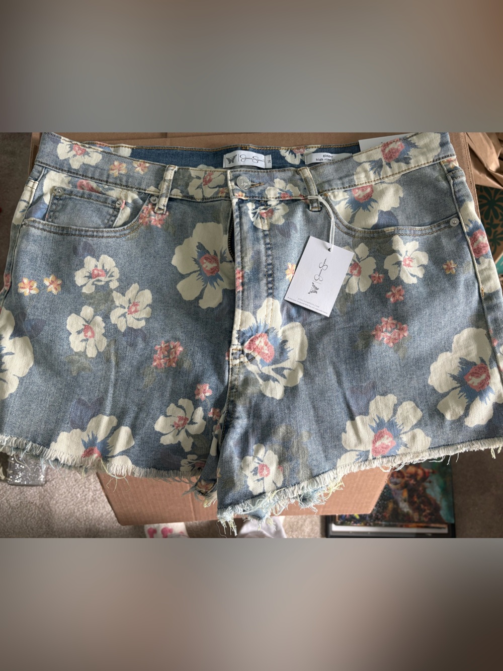 NWT Jessica Simpson Light Blue Floral Denim Shorts with Frayed Hem